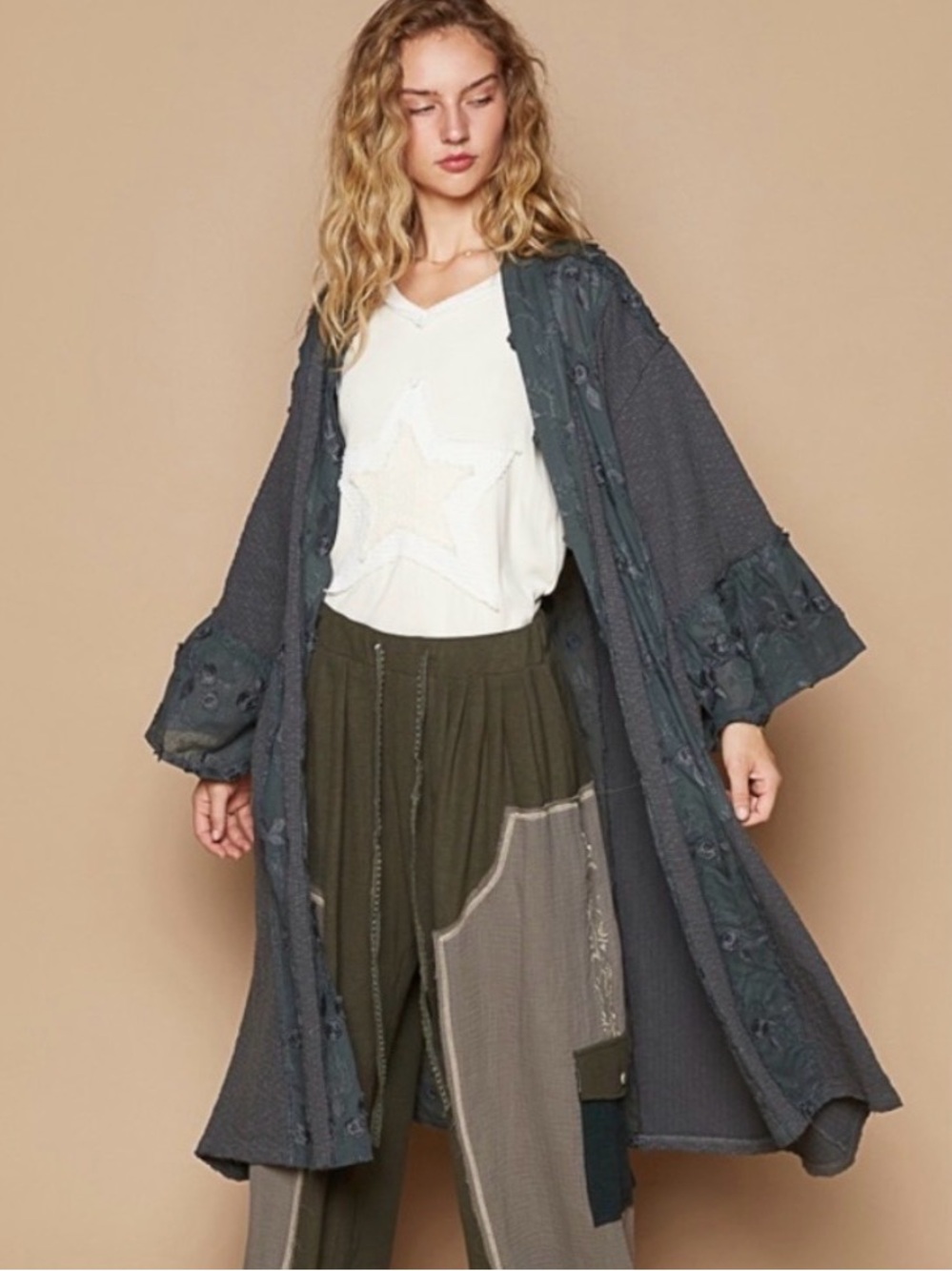 POL Embroidered Open Front Duster Kimono Boho Cottagecore Size M/L